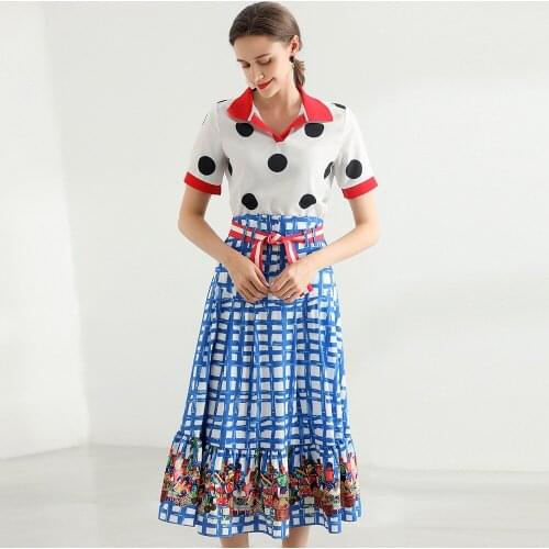 England New Fashion 2 Pieces Woman Dress Sets Dot Print Turn Down Collar Shirt Blouse Plaid Slim Skirt Ladies Fashion Summer