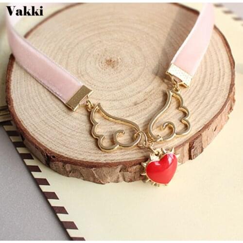 VAKKI Trendy Sweet Pink Choker Necklaces Angel Wings Red Heart Star Cherry Blossoms Choker Necklace for Women Jewelry Gift