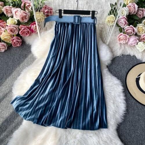 Elastic waist gold velvet Skirts Womens 2020 New Vintage High Waist A-line Midi Skirt Female With Belt Elegant Pleated Skirt