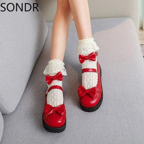 US4-11 Womens Mary Jane Buckle Bowknot Bowtie Low Heel Pumps Shoes Lolita Retro Ankle Belt Buckle 3Color Plus Size Cosplay 2020
