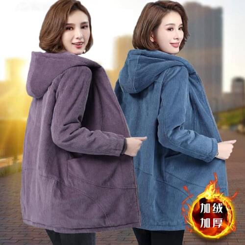 Women Corduroy Coat 2020 New Spring Autumn Plus Velvet Warm Jacket Plus Size 5XL Middle Aged Mother Hooded Windbreaker H186