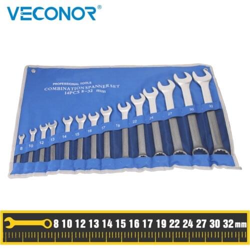14 Pcs Combination Wrench Set Open And Box End Metric mm 8~32mm Chrome Vanadium