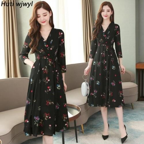 2021 Vintage Black Floral Chiffon Midi Dresses Autumn Winter 3XL Plus Size Long Sleeve Dress Elegant Women Bodycon Party Vestido
