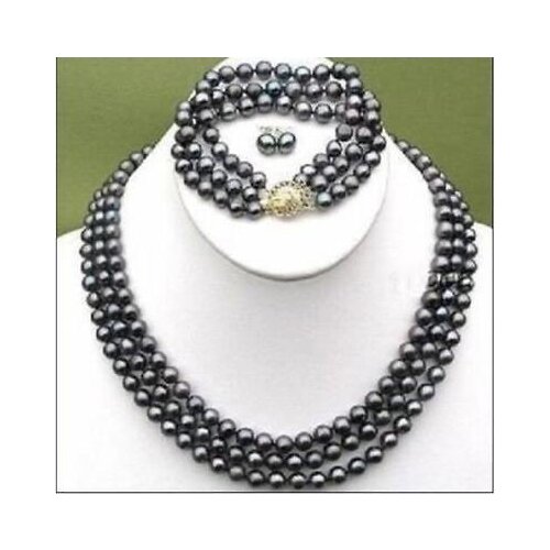 Free >> 3 ROWS CHARMING 8-9 MM TAHITIAN BLACK PEARL NECKLACE BRACELET EARRING SET