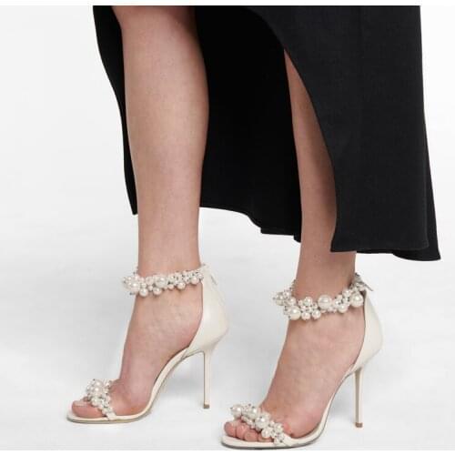 Elegant Pearl Studs Ankle Strap Wedding Sandals Summer White Black Thin High Heels Cutout Open Toe zipper Shoes Party High Heels