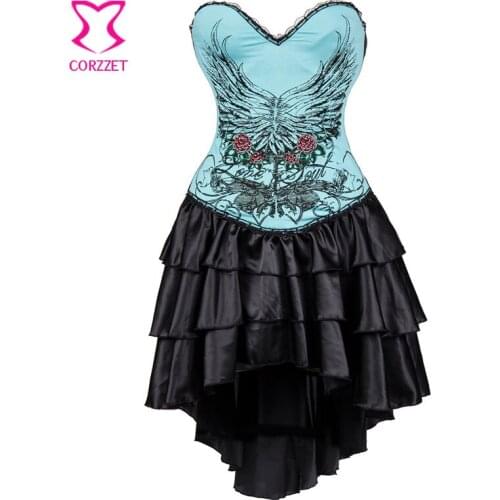 Blue Floral With Rhinestones Cotton Push Up Bustier Sexy Corset Gothic Dress Punk Rock Corsets And Bustiers Burlesque Costumes
