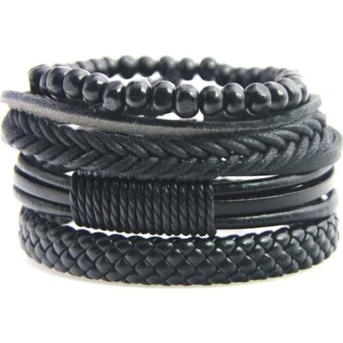 Black Leather Bracelet Men Multilayer Braid Bracelets & Bangles Punk Wrap Bracelets for Women Punk Casual Men Jewelry