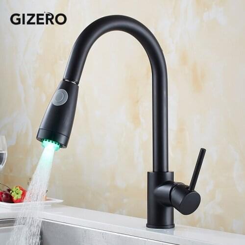 Black Painted Kitchen Pull Out Faucet Mixer Swivel Spout Hot and Cold LED Faucet Kitchen Sink Mixer Taps Single Hole ZR388