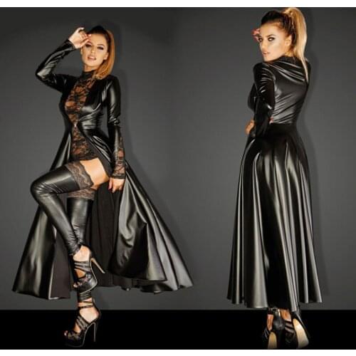 Erotic Women Lingerie Costume Trench Uniformss Lace Leather Long Fancy Dress Sexy Cosplay Ornate Cloak Halloween Uniforms