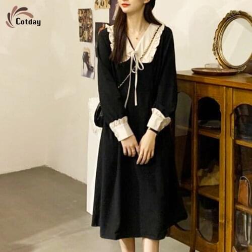 Cotday Black Long Sleeve Patchwork Peter Pan Collar V-Neck A-Line Bandage Bow Fairy Girl Slim Autumn Clothing Lady Dress