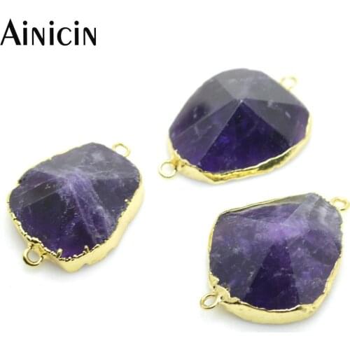 5pcs Natural Purple Crystal Faceted Cone Shape Double Size Circle Gold Color Connector For Women Jewelry Making Materials