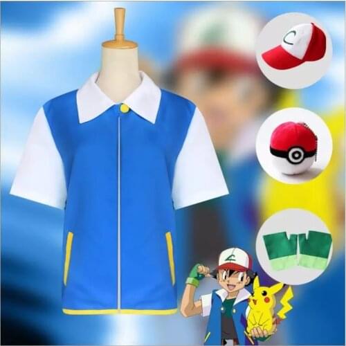 Ash Ketchum Cosplay Costume Blue Coat Hat Gloves Poke Ball Anime Pokemon Cosplay Halloween Costumes
