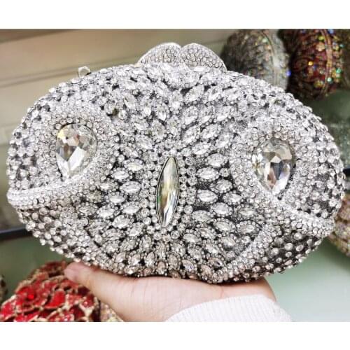 Red Oval Silver Crystal Clutch Bags Chain Soiree Handbags Handmade Evening Bags Mini Luxury Party Purse sm110