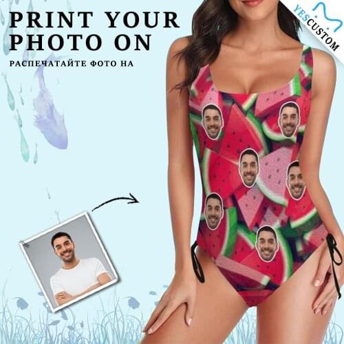 Custom Face Photo Bathing Suit Women Bikini Bra Beach One Piece Watermelon Personalized Drawstring Side Female Gift Swimwear