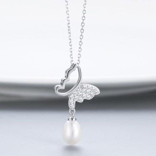 MADALENA SARARA Sterling Silver S925 9-10mm Freshwater Pearl Pendant Women Necklace Cubic Zirconia Butterfly Chain Necklace