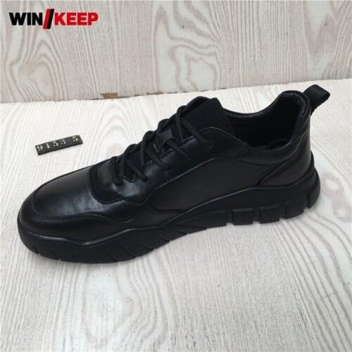 Mens Leather Running Shoes Antiskid Platform Outdoor Sports Trainers Male Lace Up Round Toe Breathable Workout Fitness Sneakers