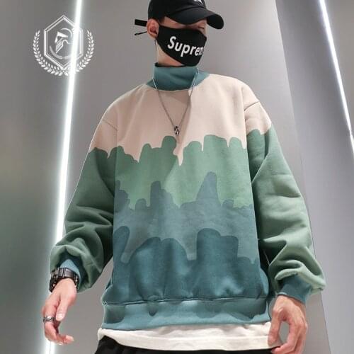 Men Fashion Loose Print Fleece Heavyweight Casual Pullover Hip Hop Sweatshirts