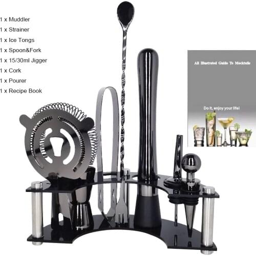 Bar Tool Set Cocktail Making Set with Stand Spoon Muddler Strainer Ice Tong Jigger, Ideal Drink Mixing Tool Kit, Bartender Kit