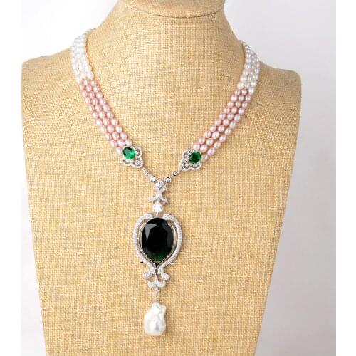 19'' 3 Strands Cultured White /Pink/Purple Pearl Green Crystal Keshi Pearl Pendant Necklace