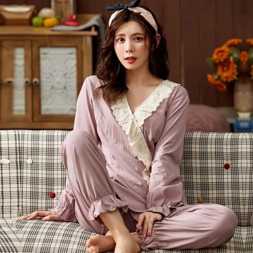 Kimono Femme Pajamas Pijamas Women Cotton Long Sleeve Ladies Kawaii Pajamas Plus Size Home Wear Sexy Sleepwear Two-piece Autumn