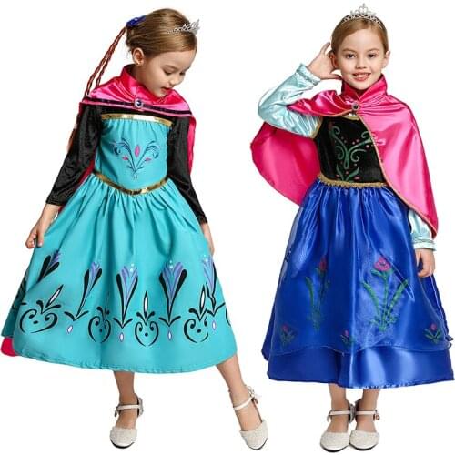 Girls Elza Coronation Dress Children Snow Queen Floral Cotton Princess Party Gown Kids Elza Ana Cosplay Costume with Cloak