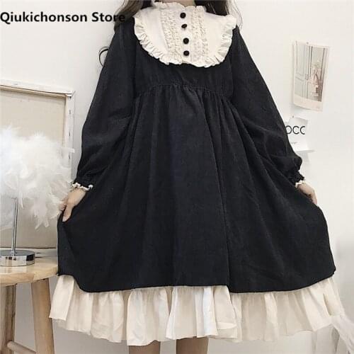 Spring Autumn Long Sleeve Dress Women Japanese Kawaii Chest Button Up Frill Patchwork High Waist Ruffle Lolita Dresses Teen Girl