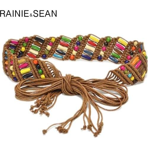 RAINIE SEAN Womens Braided Belt Ethnic Colourful Wooden Bead Belts For Women Handmade Casual Wide Ladies Waist Belt For Dress