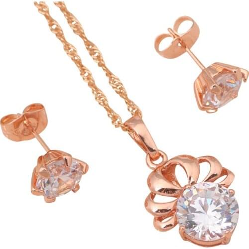ROLILASON flower White Zircon Multicolor Pearl Crystal k rose gold tone Jewelry Sets Earrings Necklace Fashion JS369A