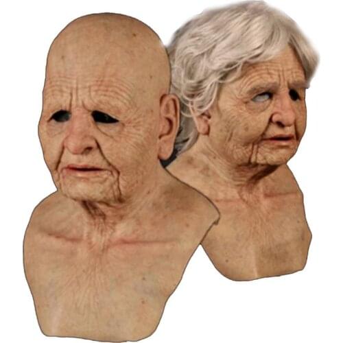 Silver Short Hair Old Lady Cosplay Headgear Head Mask with Neck Grandma Grandpa Old People Cos Halloween Cosplay Aceesory