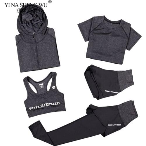High Waist Yoga Pants 5 Pieces Set Outdoor Coat Running Quick Dry Leggings Fitness Gym Jogging Clothing Sports Suit Sportswear