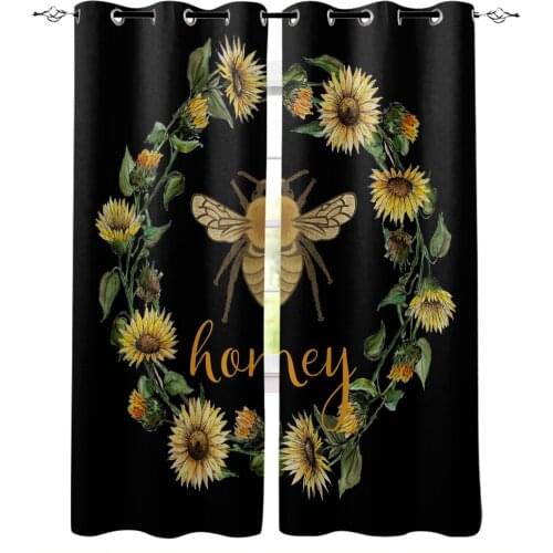 Retro Bee Sunflower Wreath Black Blackout Curtains For Living Room Bedroom Printed Window Treatment Drapes Home Decor
