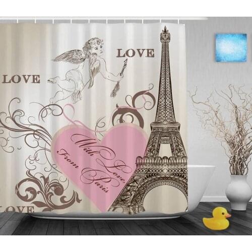 Vintage Eiffel Tower Bathroom Shower Curains Pink Love Heart With Cupid Shower Curtain Waterproof Polyester Fabric With Hooks