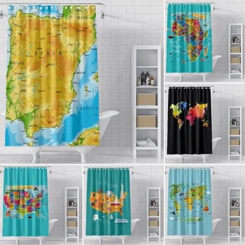 World Map Shower Curtains 3D Modern Bathroom Curtain Fabric Waterproof Polyester Bath Curtain with Hooks