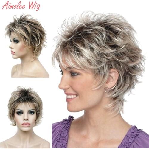 Womens Synthetic Wigs Short Straight Layered Pixie Cut Bloned Natura Wig Hair