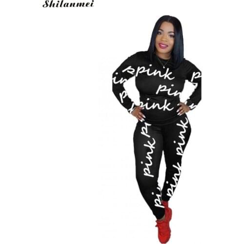 New Pink Letter Print Outfits Plus Size 3XL Casual 2 Piece Tracksuit Suits Long Sleeve Top Skinny Pants Sporty Street Sweatsuits