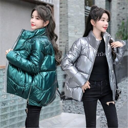 Winter Womens Bakery Clothes Bright Face Down Cotton Jacket Loose Stand-Up Collar Long-Sleeved Black Big Size Cotton Coats 1003