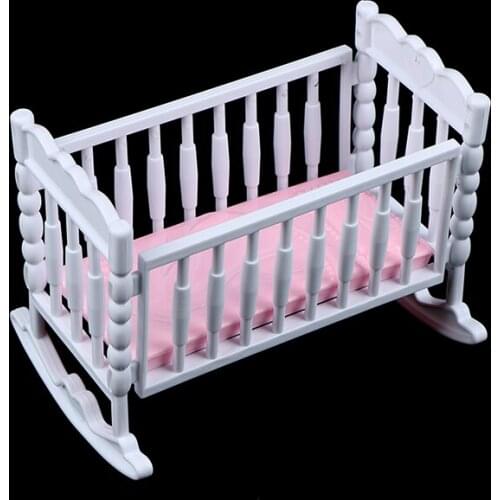 1PC Dollhouse Miniature Light Pink White Baby Doll Shaker Toy Accessories Bed Cradle Crib Model