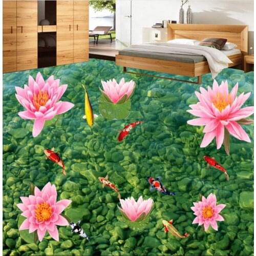 3D photo floor green grass carp custom 3d floor vinyl non-slip waterproof self adhesive 3d pvc wallpaper