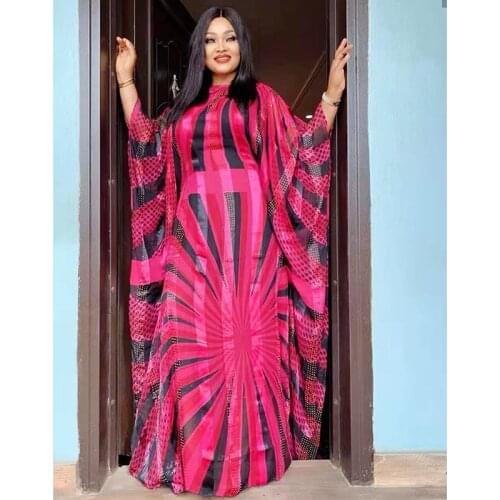 African Dresses for Women African Clothes Colorful Diamond Chiffon Robe Bazin Riche Batwing Sleeve Loose Evening Dress DR-2