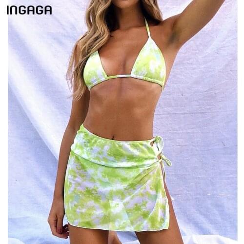 INGAGA Push Up Bikinis Swimsuits Halter Swimwear Women Three Piece Bathing Suit Women Tie dye Biquini 2021 Cover Up Beachwear