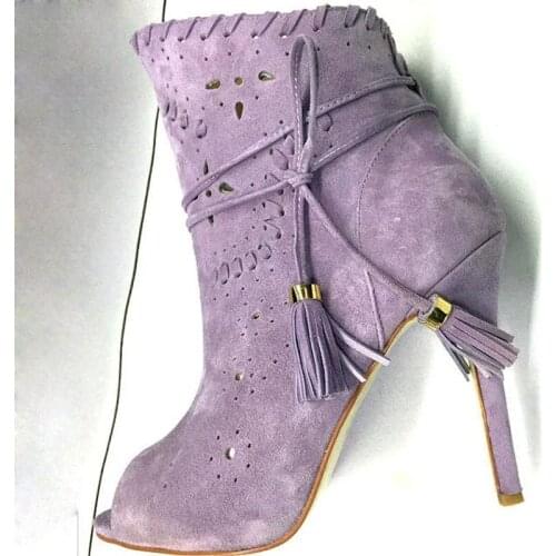 Sexy Ladies Suede Floral Carved Out Peep toe Ankle Boots Stiletto High Heel Female Gladiator Tassel Bandage Bottines Woman