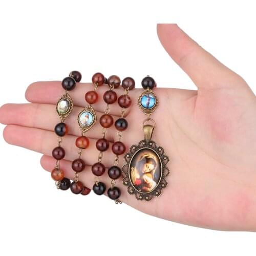Prayer Natural Agate Beads Chain Servite Rosary of the Seven Sorrows Our Lady Virgin Mary Pendant Necklace for Men Women Jewelry