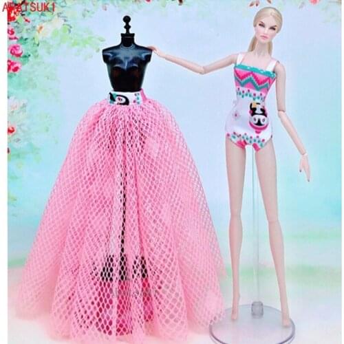 2pcs/set Pink Cartoon Underwear Swimwear Clothes Set For Barbie Dolls Accessories Monokini Swimsuit & Skirt Dress 1/6 Toys