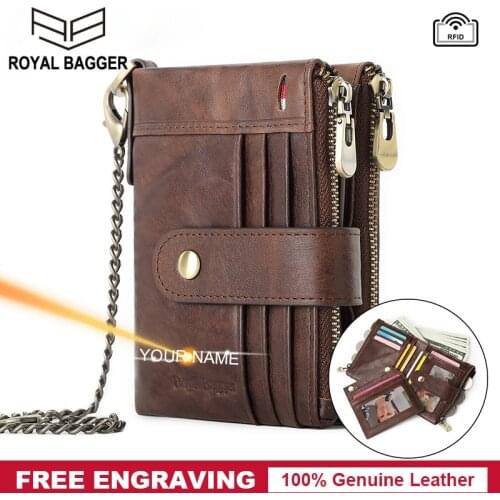 Royal Bagger Men Short Wallet with Chain Strap Free Engrave Retro Fashion RFID Block Real Genuine Cow Leather Purse Man Wallets