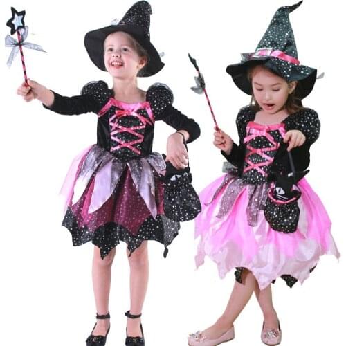 Girls Halloween Witch Costume Sparkly Silver Stars Printed Carnival Cosplay Dress with Pointed Hat Wand Dress Up Clothes for kid