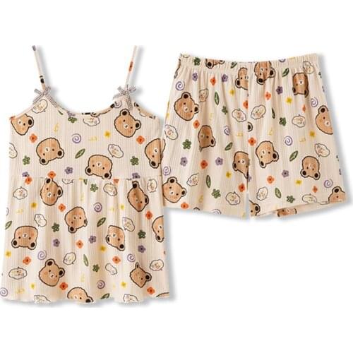 Summer Womens Sling Pajama Set Pure Cotton Comfortable Stretch Two-piece Home Service