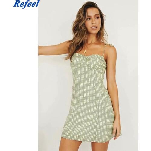 Summer women mini dress slim plaid sleeveless spring spaghetti straps cotton and linen beach short dresses ladies