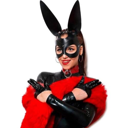 Fashionable Face Long Ears Rabbit PU Leather Mask Bdsm Fetish Adult Masks Halloween Carnival Masquerade
