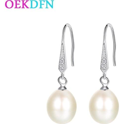 OEKDFN 100% 925 Sterling Silver Earrings Natural Freshwater Pearls Gemstone Drop Dangle Hook Long Earrings Fine Jewelry Gift