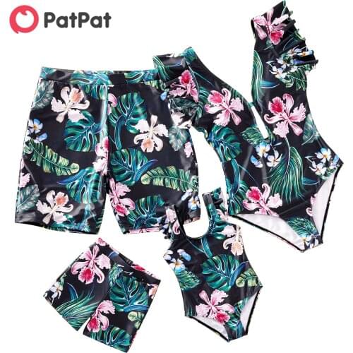 PatPat 2021 New Summer Leaf and Floral Print Ruffled Sleeves Family Matching Swimsuits
